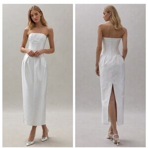 Strapless White Midi Dress with Back Slit